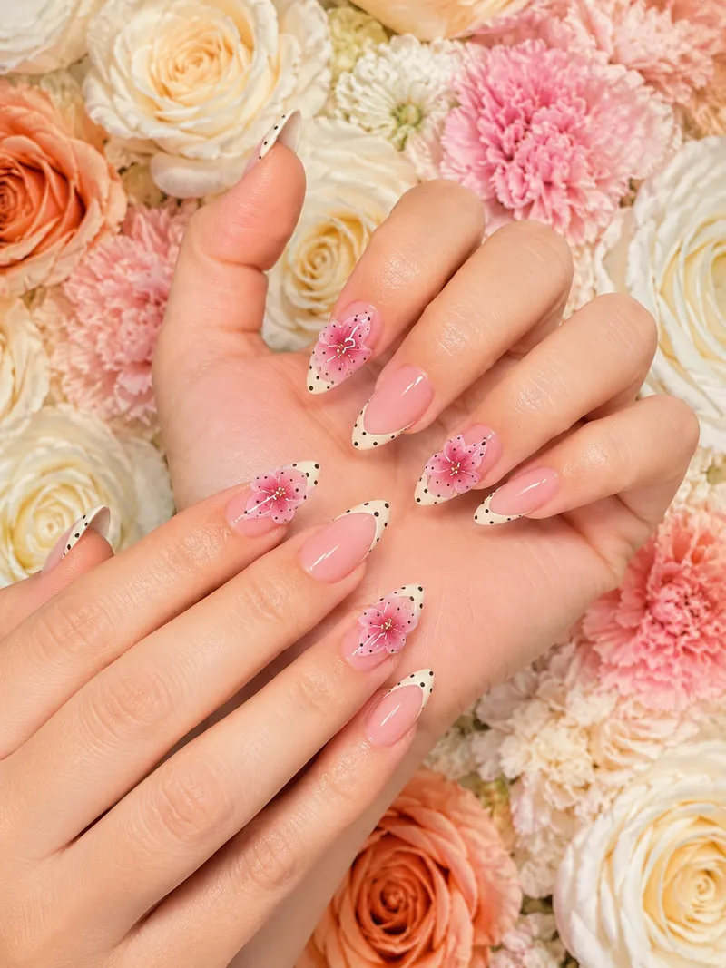 Nail art french crème à pois noirs et fleurs roses, réalisé chez Le Mademoiselle