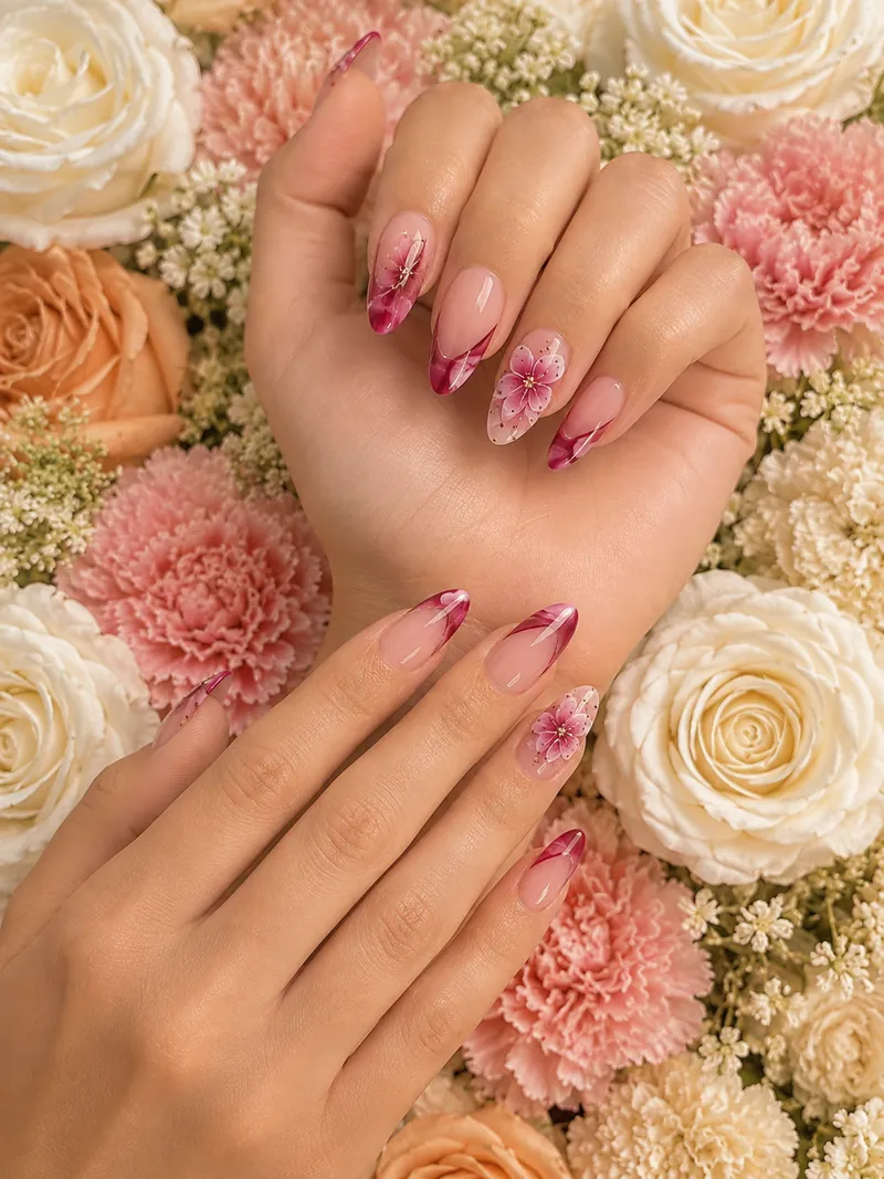 Nail art amande rose et bordeaux orné de fleurs, réalisé chez Le Mademoiselle