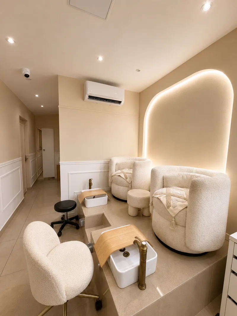 Espace beauté des pieds de l'institut Le Mademoiselle, fauteuils et éclairage tamisé