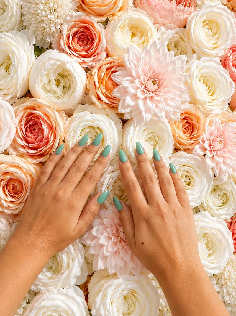 Pose de vernis vert menthe sur ongles amande, réalisée chez Le Mademoiselle